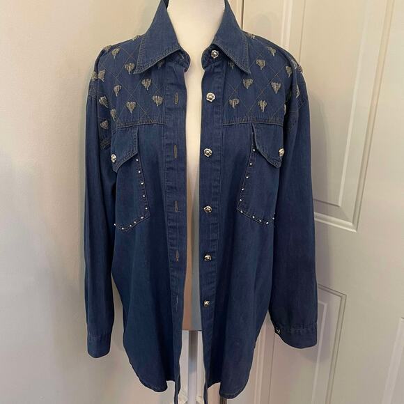 Vintage Western Denim Blue Embellished Button Down Shirt Mine Brand Size XL - Picture 1 of 3